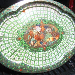 VTG 1971 DAHER OVAL LARGE TRAY, GREEN DESIGN EDGE W/FLORAL & FRUIT CENTER